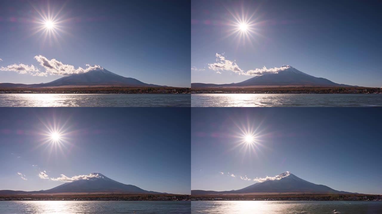 富士山的4k时间流逝和山中湖的太阳向下移动
