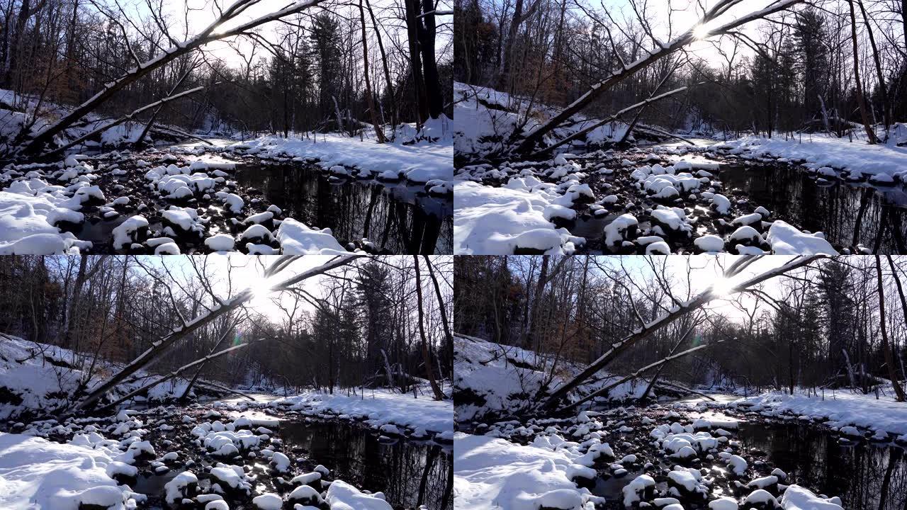 冬天流淌的河流冬天的森林雪景积雪