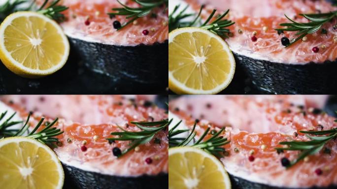 生鲑鱼排加喜马拉雅盐，胡椒，迷迭香和柠檬的混合物，多莉射击。健康食品的概念。