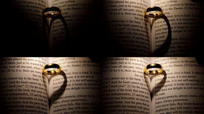圣经书上的金色结婚戒指