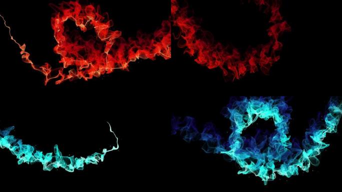 抽象能量波的两种颜色是红色和蓝色。黑屏背景上的动画。