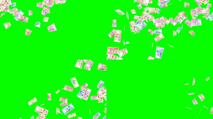 动画泰国货币钞票出现在绿屏背景上，雨水落下