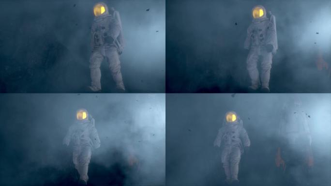 宇航员在雾蒙蒙的外星球上行走。CG动画。