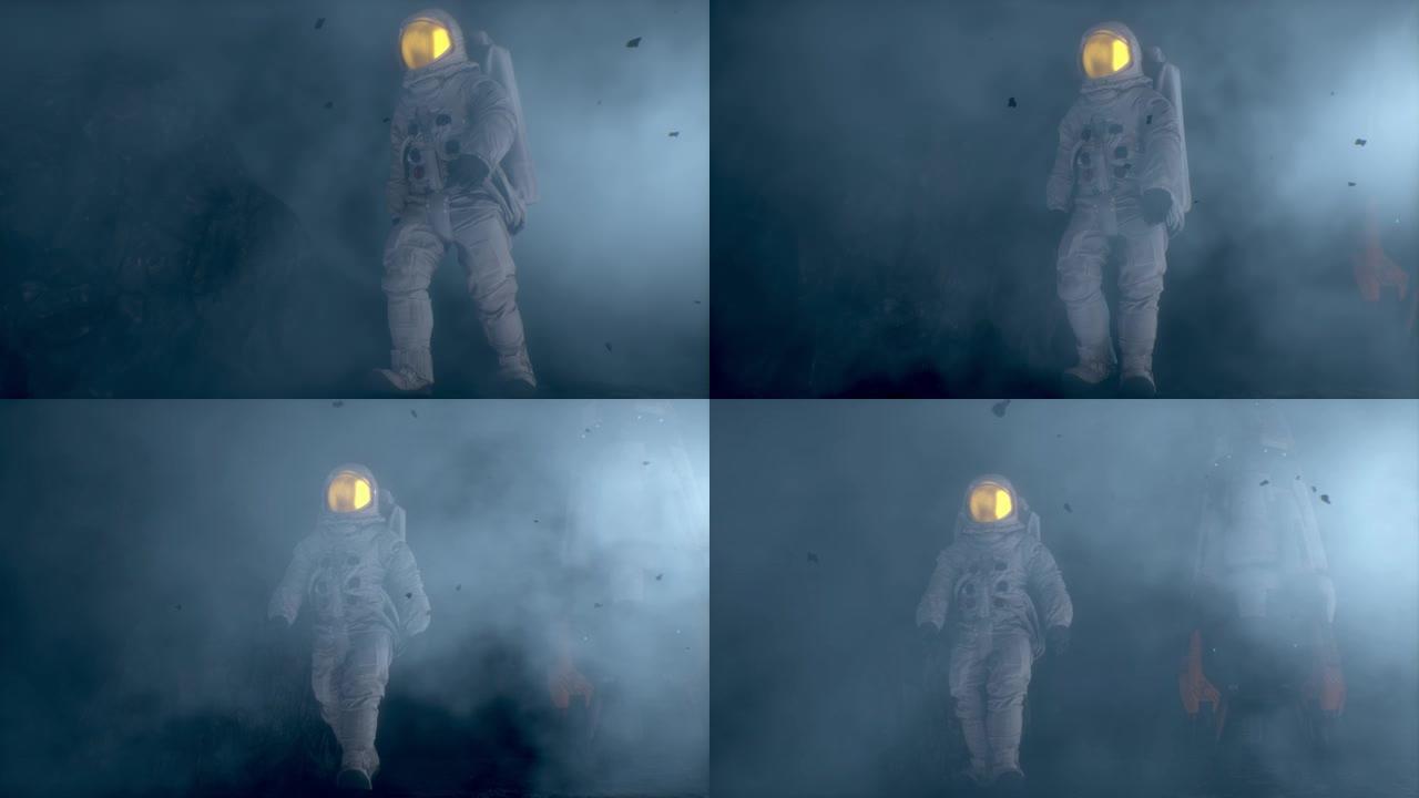 宇航员在雾蒙蒙的外星球上行走。CG动画。
