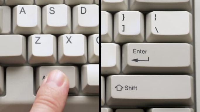 男性手指按下白色键盘上的ALT输入按钮。慢动作和宏观视图