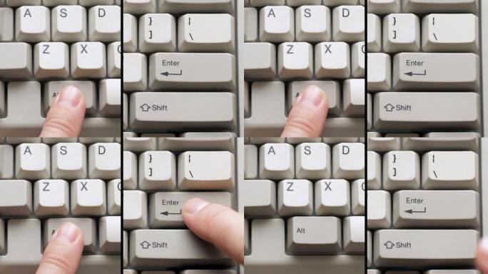 男性手指按下白色键盘上的ALT输入按钮。慢动作和宏观视图