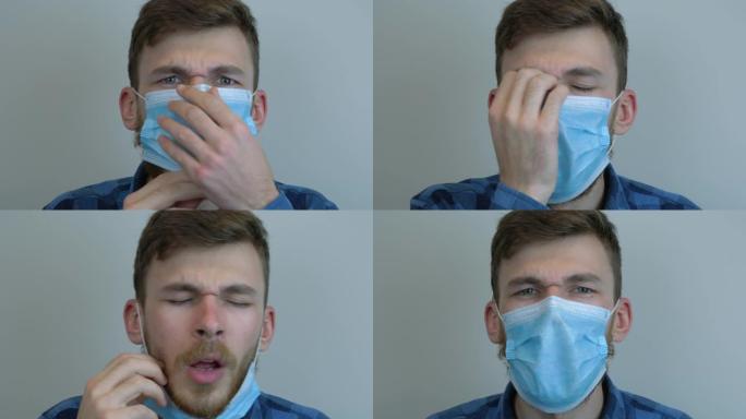 冠状病毒被感染的人在咳嗽。年轻高加索男性咳嗽的肖像。流感流行。病毒保护。大流行。冠状病毒。新型冠状病
