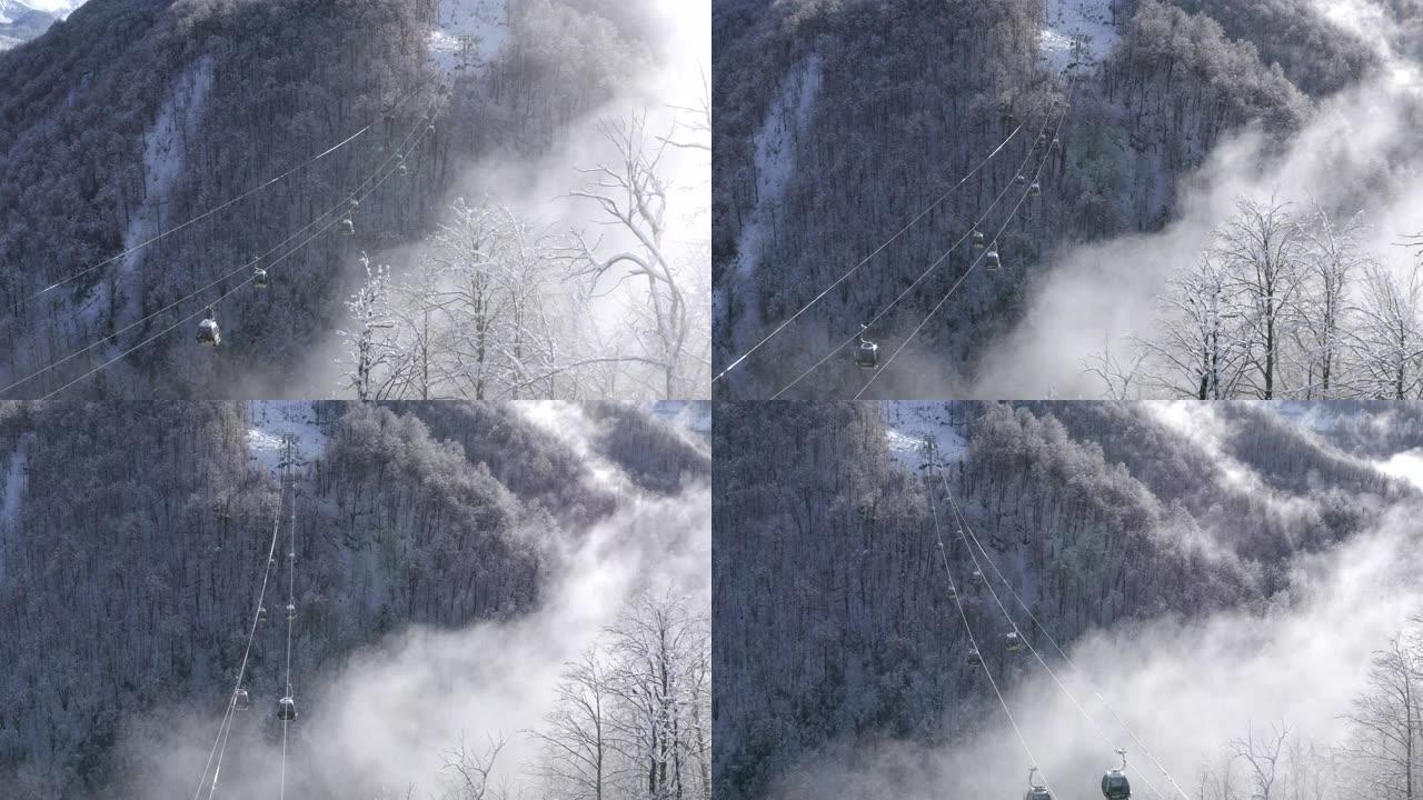 滑雪电梯在低地雪山森林上空移动。无人机景观滑雪缆车将滑雪者和滑雪板运送到冬季自然景观上的避暑山庄的雪