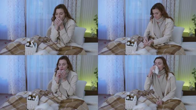 迷人的年轻女子患有病毒性疾病，喉咙痛，发热坐在卧室的沙发上服药，照顾健康