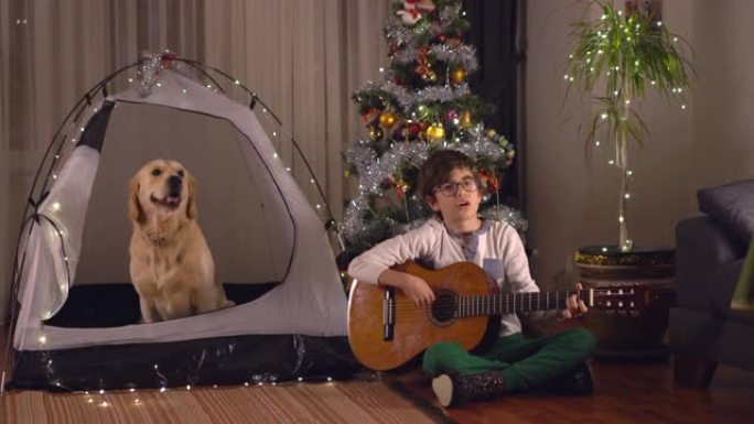 一个小男孩和他的狗宠物的肖像，弹吉他，一起庆祝圣诞节。