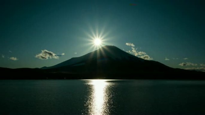4k延时日落场景钻石富士山。山那可子湖冰冻的富士，冬季