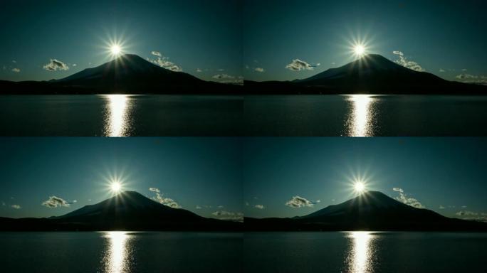 4k延时日落场景钻石富士山。山那可子湖冰冻的富士，冬季