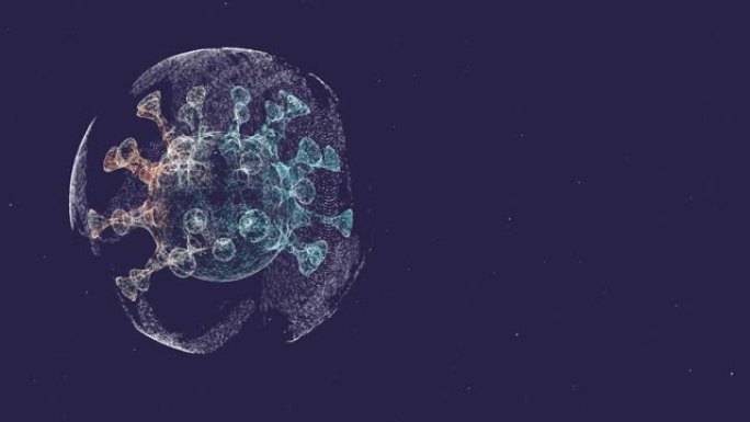 漂浮在深蓝色背景上的毛刺球体内的一些病毒3D渲染的彩色扫描显微照片。