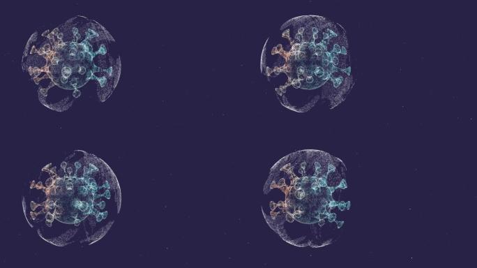 漂浮在深蓝色背景上的毛刺球体内的一些病毒3D渲染的彩色扫描显微照片。