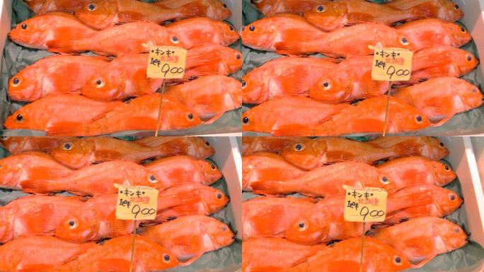日本东京筑地鱼市场盒子上的橙色小鲜鱼