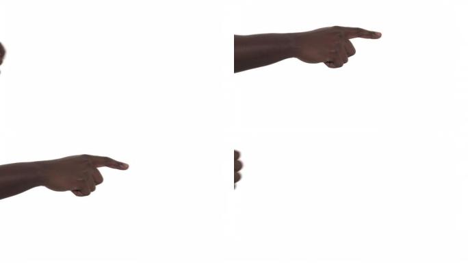 嘿，你的手势。一名非裔美国人用食指指向左侧的特写镜头
