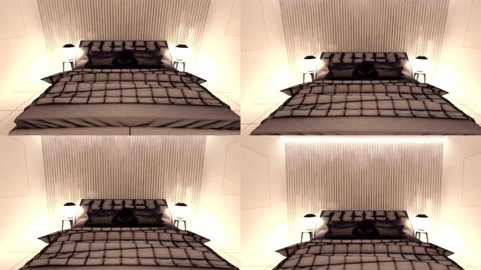 卧室网格渲染3D图形室内设计模糊阁楼。