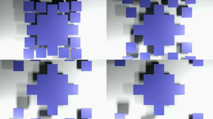蓝色正方形在远离中心的许多小方块中破裂-3D渲染插图
