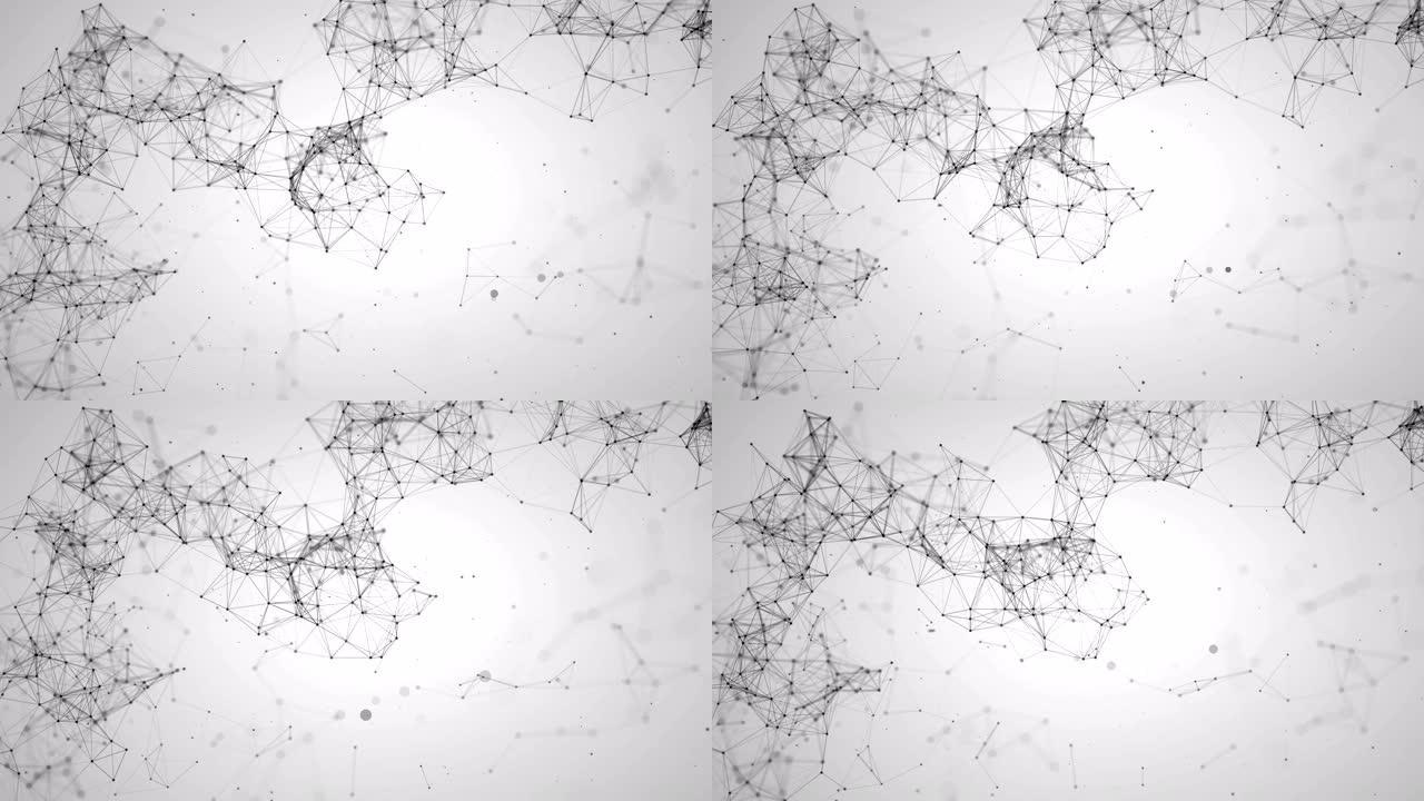 抽象3d渲染，技术plexus黑色动态数字表面在灰色梯度背景上的运动，具有黑色三角形粒子的几何形状未