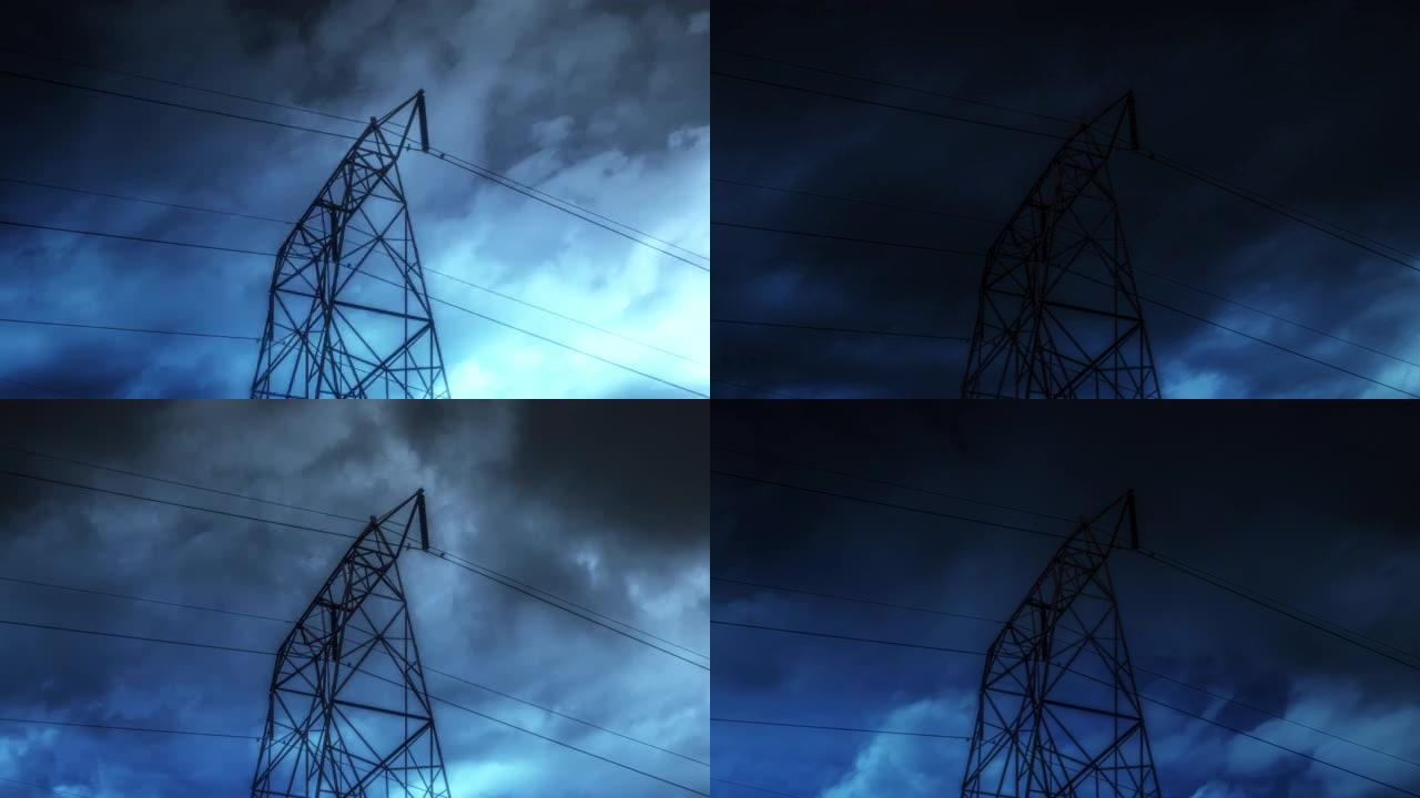 夏季夜间黑暗天空中高压电塔的时间流逝和雷击。美丽的雷雨滚滚云景，龙卷风，超级电池坏，危险时刻。4k环