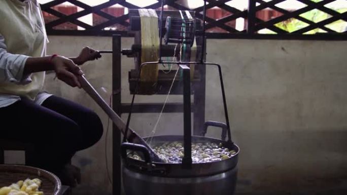 传统丝绸制作。柬埔寨东南亚乡村丝绸工厂的蚕茧。