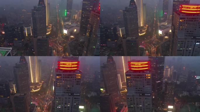 多雨暮色南京市市区交通街路空中全景4k中国