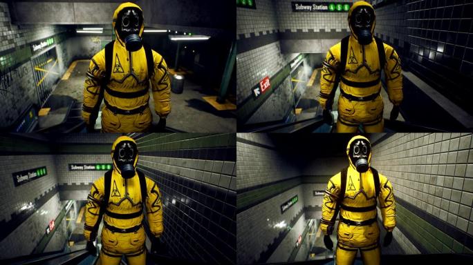 一名身穿化学防护服的幸存者从荒芜的地铁浮出水面。全球大流行后世界末日世界的概念。