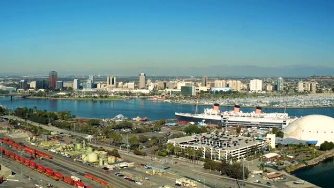 船厂空中v24低空飞越船厂，欣赏长滩城市景观和游轮码头景观。