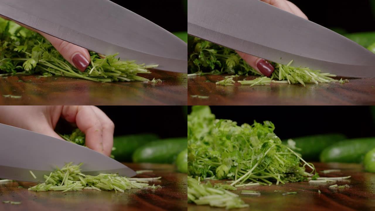用菜刀切绿色，烹饪健康食品。