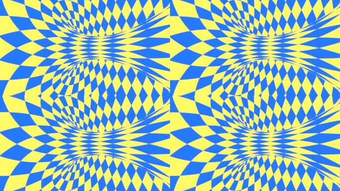 蓝色和黄色的迷幻光学错觉。抽象催眠钻石动画背景。菱形壁纸