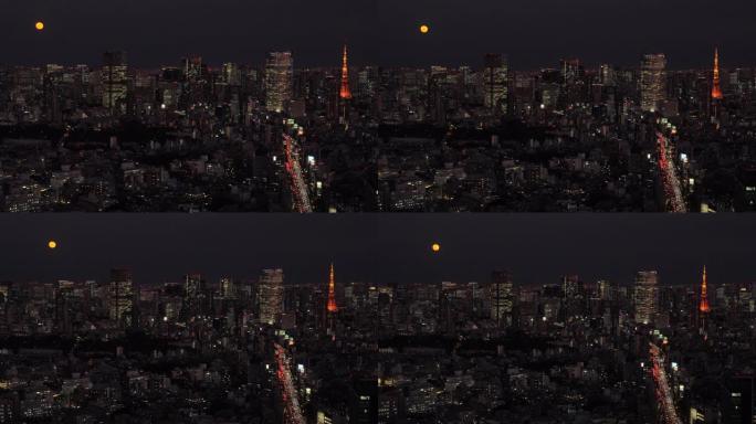 东京塔夜间天际线 | 月亮 | 缩小
