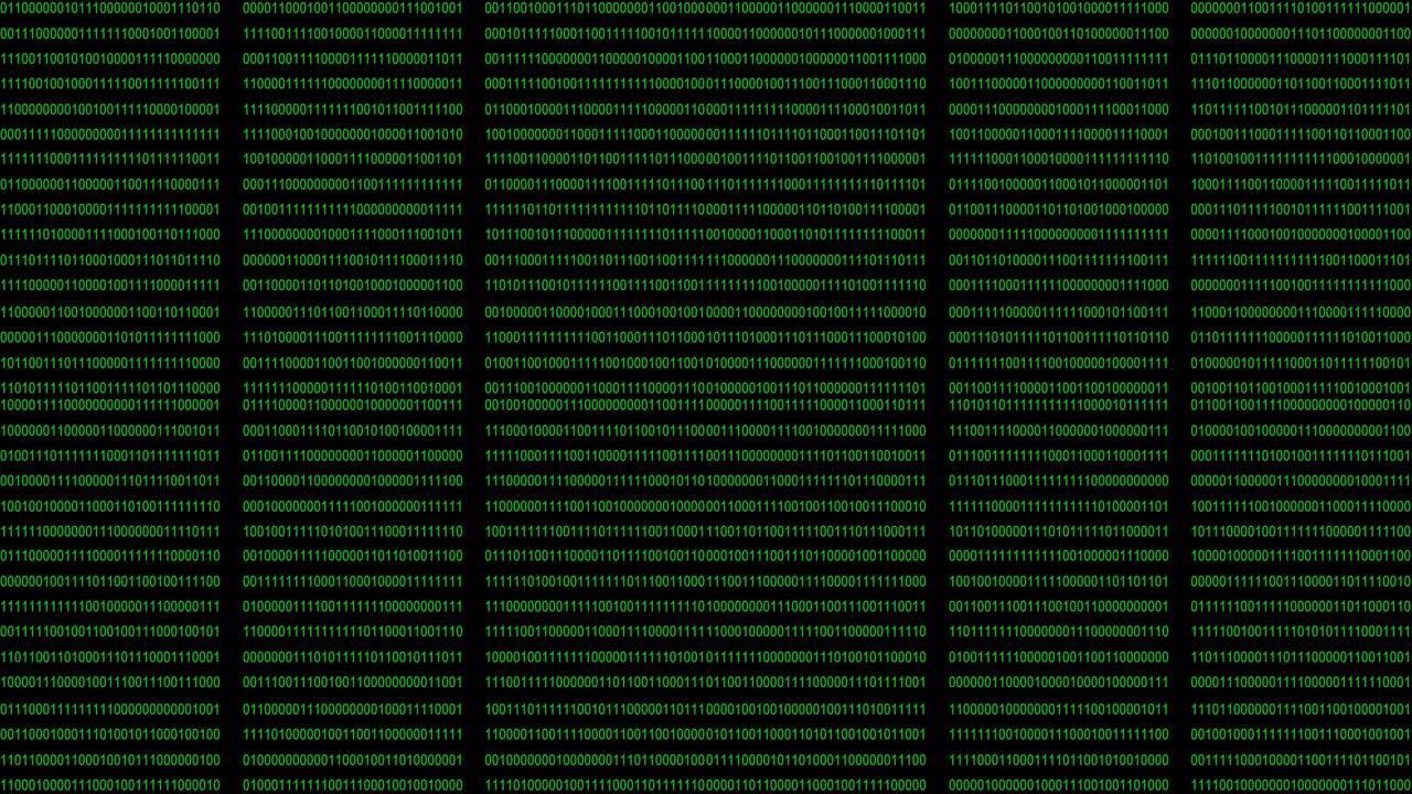 4k二进制代码背景，数字在屏幕上移动。未来，计算机和抽象背景概念。数字0 1随机变化。