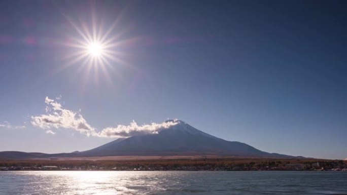 富士山的4k时间流逝和山中湖的太阳向下移动