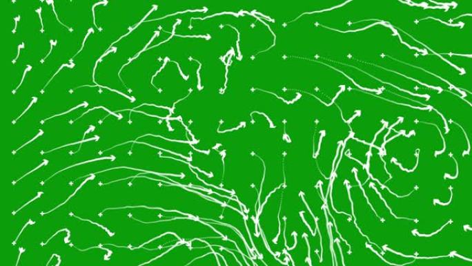 弯曲箭头在绿色屏幕背景上弯曲的线条的抽象图案