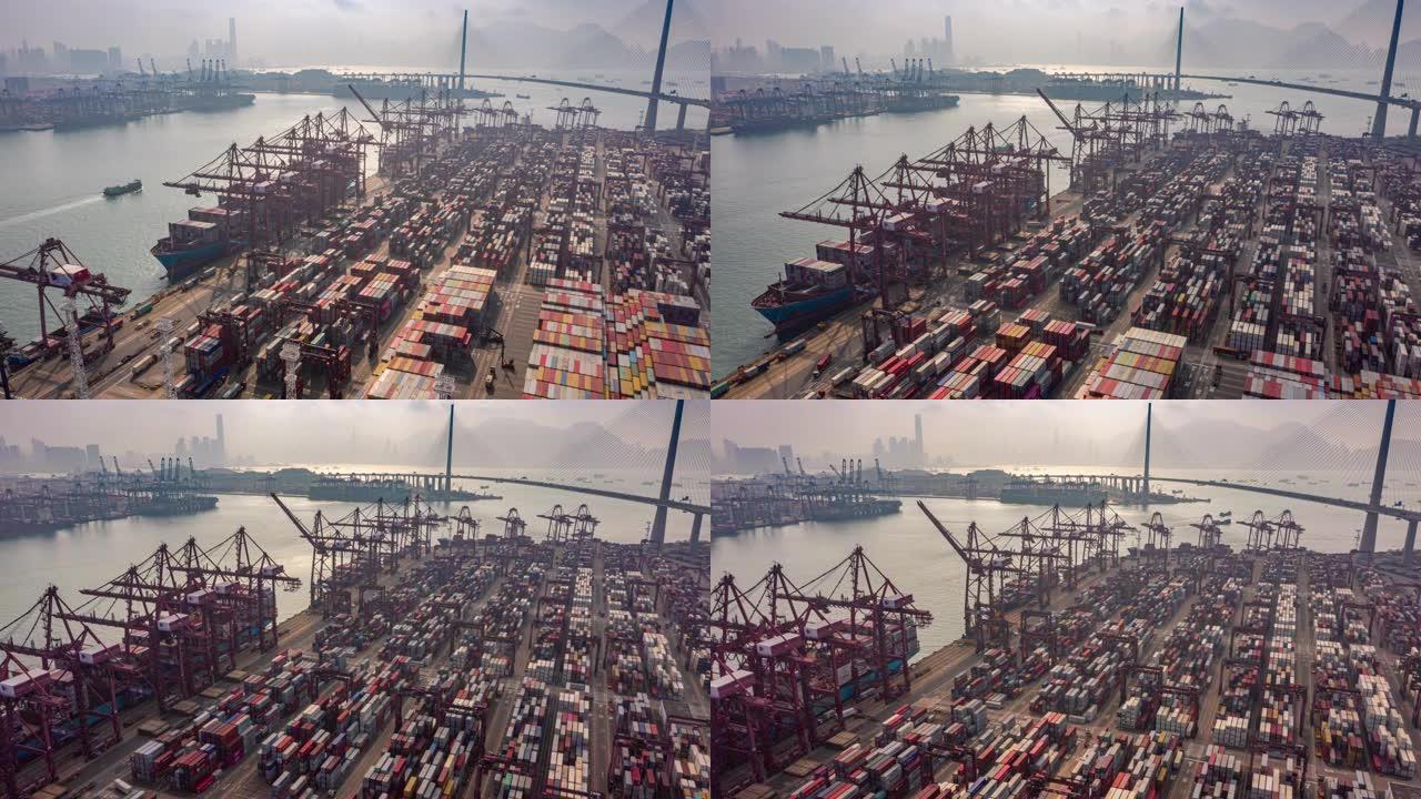 4k延时或超延时: 在码头商业港口或带有香港城市景观的集装箱仓库中鸟瞰式集装箱船，用于商业物流，进出
