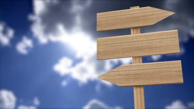 天空、云和太阳眩光的动画背景上的木制标志指针，相机从左向右移动