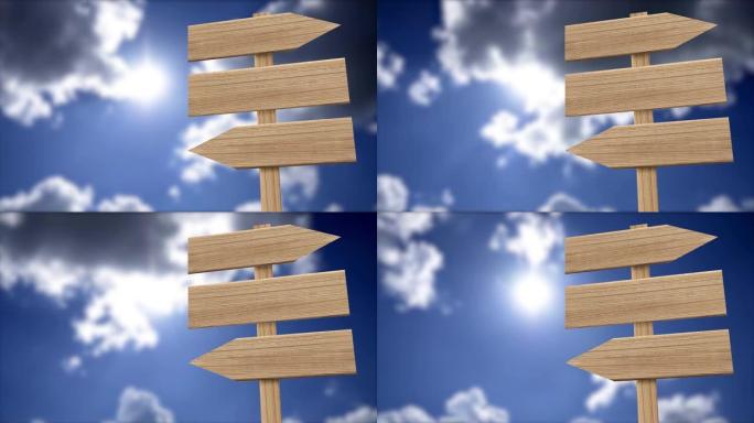 天空、云和太阳眩光的动画背景上的木制标志指针，相机从左向右移动