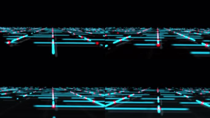黑色背景上带有红色虚线连接的抽象数字发光蓝色网格。技术和通信概念。计算机图形科幻未来背景。4k电影录