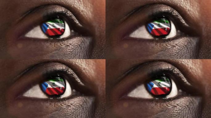 女子黑眼睛在近距离与赤道几内亚旗在虹膜与风运动。视频的概念