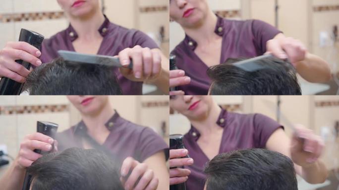 理发店的造型师，近距离拍摄。大师用发胶和梳子制作现代发型。记录在美发沙龙。