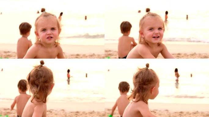 度假村阳光海滩上的小女孩