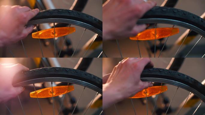 一个空的自行车车轮的演示特写镜头。