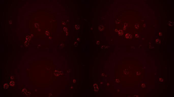 血腥红色粒子从达尔背景上坠落的抽象镜头。