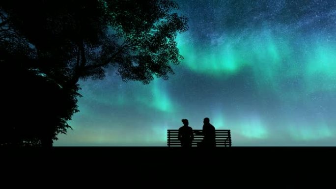 剪影爱好者北极光黑暗背景下美丽的插图。夜景。浪漫插图。夜空。星光之夜。美丽的宇宙。4k