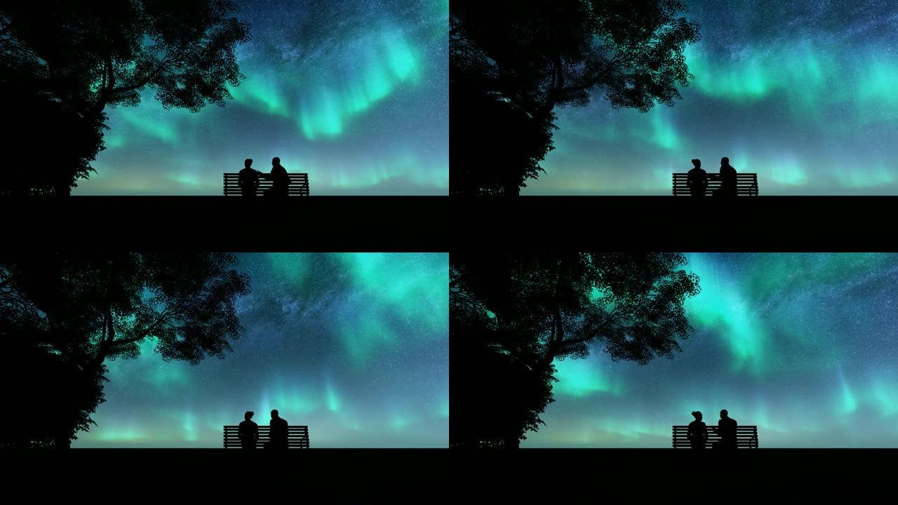 剪影爱好者北极光黑暗背景下美丽的插图。夜景。浪漫插图。夜空。星光之夜。美丽的宇宙。4k