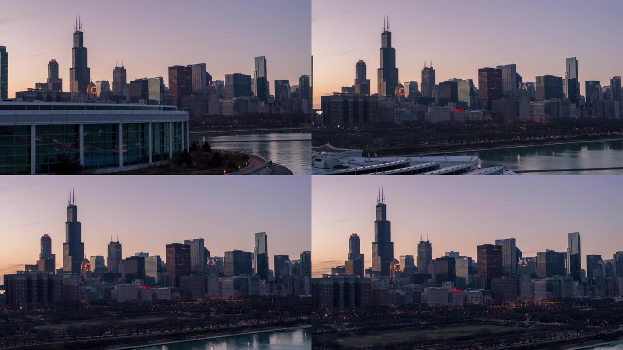 揭露日落时芝加哥市中心的镜头