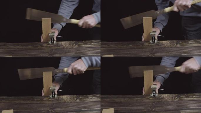 一位木材工匠锯了一个木制细节来制作胡须梳子。木匠制作手工木梳。。电影4k视频