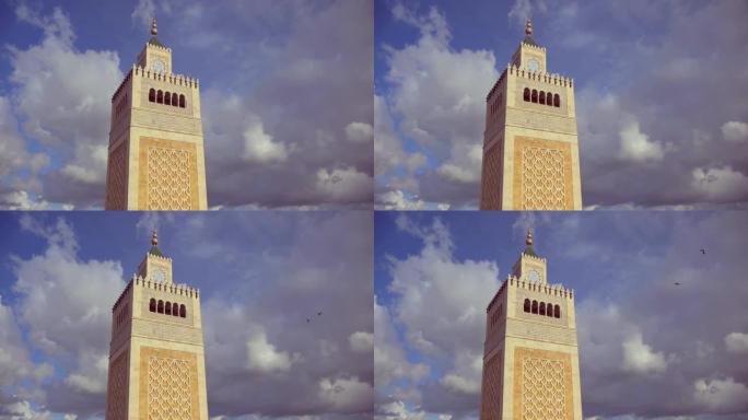 Zaytuna清真寺 (突尼斯) 的主塔在多云的天空背景下
