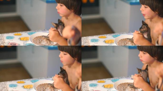 这个男孩坐在一张桌子旁，怀里抱着一只猫，吃午饭。