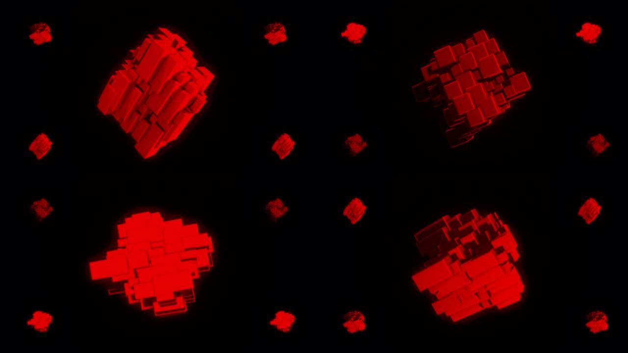 抽象的红色几何图形，大的一个在屏幕的中央，四个在屏幕的角落。动画。小块的旋转形状，无缝循环